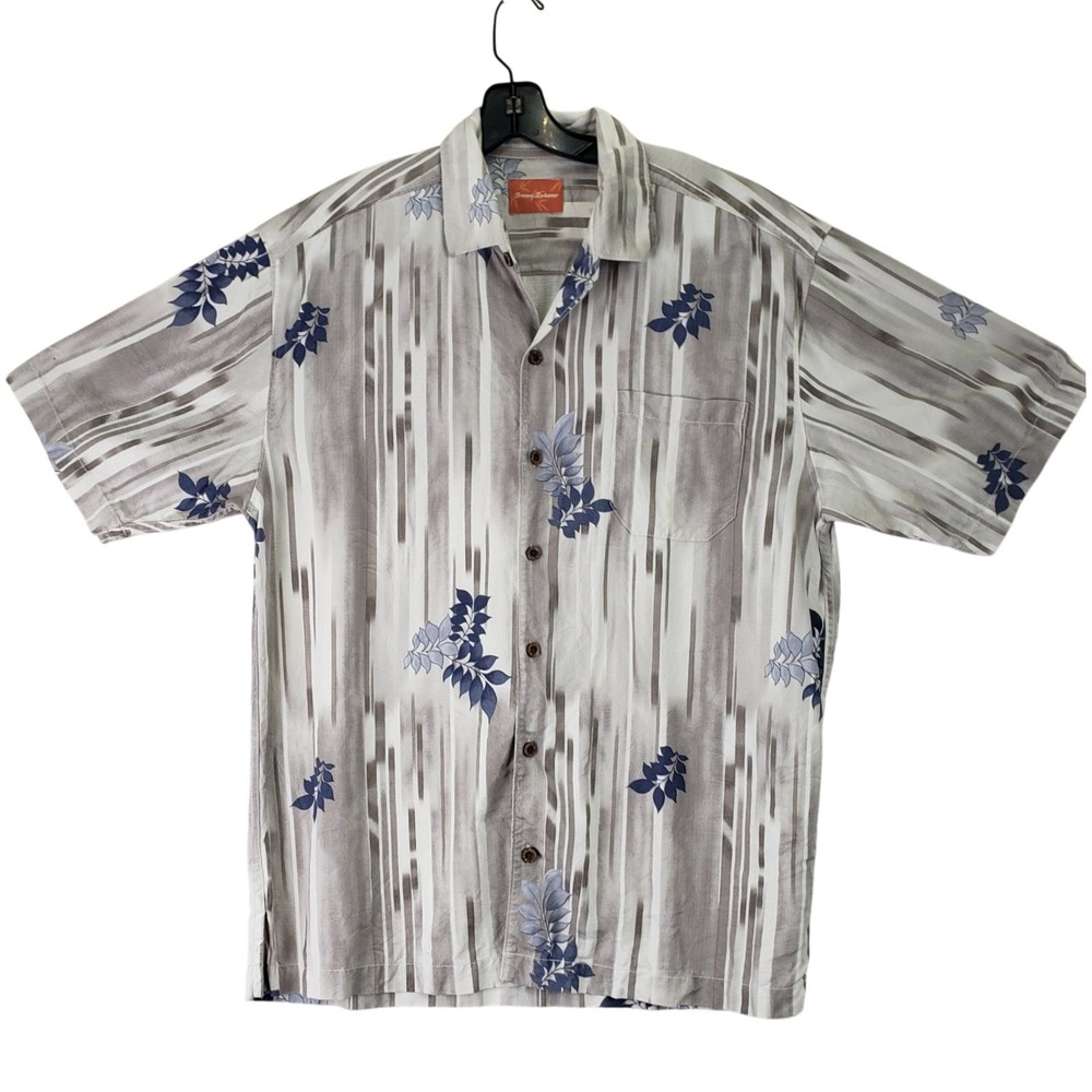 Tommy Bahama Camp Shirt Mens L Grey Tropical Abstract Silk Blend 123-T3450